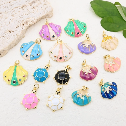 Ocean Shell Turtle Pendants Copper Gold Plated Charms With Enamel Rhinestone Artificial Pearl For DIY Jewelry Making Accessories