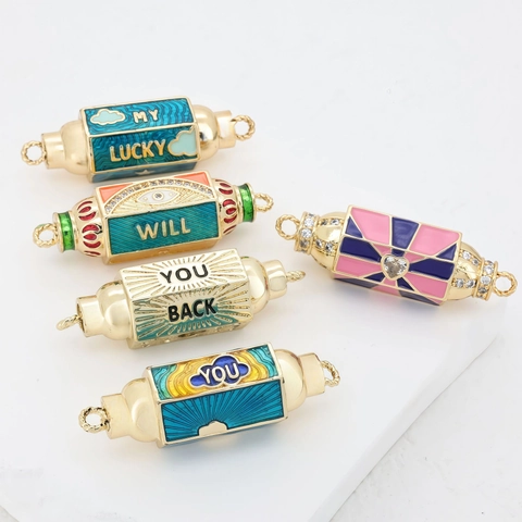 Bohemian Copper Enamel Jewelry Connectors DIY Charms With Rhinestone Barrel Cylindrical Lucky Letter Heart Eye Pendants Accessories