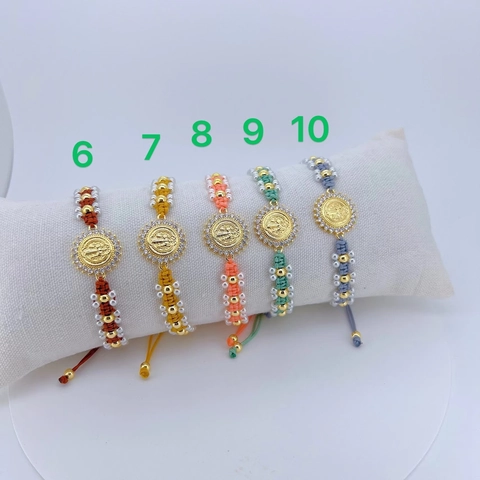 Handmade Woven Religious St Benedict Medal Bracelet For Women Vintage Alloy Artificial Pearl Rhinestone Ethnic Jewelry