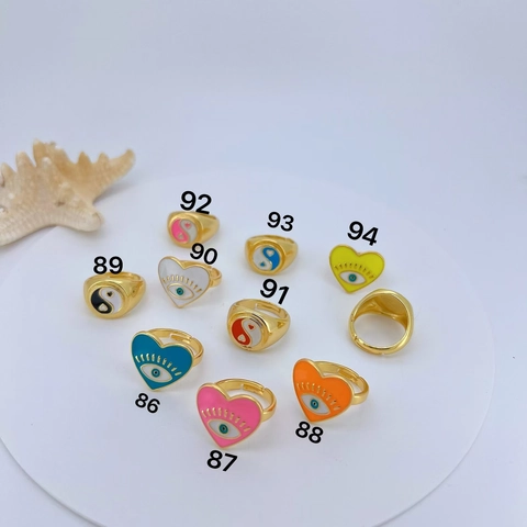 Vintage Gold Plated Adjustable Copper Ring With Colorful Enamel Evil Eye Heart Hamsa Hand Smiley Face Patterns For Women Jewelry Gift