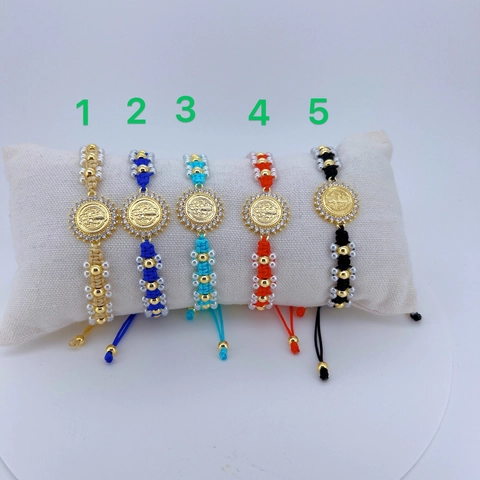 Handmade Woven Religious St Benedict Medal Bracelet For Women Vintage Alloy Artificial Pearl Rhinestone Ethnic Jewelry