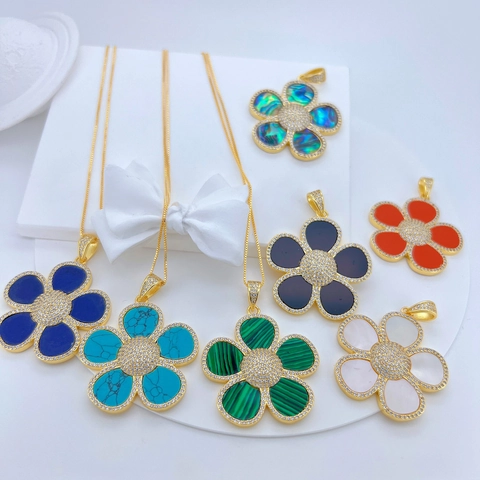 18K Gold Plated Copper Flower Pendant Necklace Zirconia Micro Pave Malachite Turquoise Mother Of Artificial Pearl Jewelry For Women