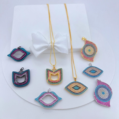 Fashion Copper Zirconia Pendant Only (Without Chain) Micro Pave Evil Eye Lips Cat Shape Individual Bohemian Jewelry Pendant Accessory For Women