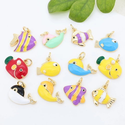 18K Gold Plated Copper Marine Fish Pendant Colorful Enamel Drip Oil Zirconia Inlaid Tropical Fish Whale DIY Jewelry Accessory