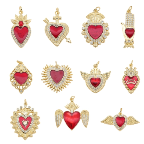 Vintage Copper 18k Gold Plated Heart Pendant With Zirconia Enamel Sacred Heart Charm For DIY Necklace Jewelry Making Accessory