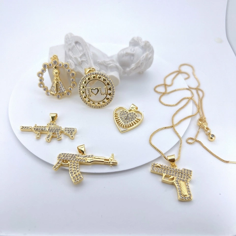 Hip Hop Copper Gold Plated Rhinestone Pistol Pendant Necklace For Men Women Iced Out Gun Religious Virgin Mary Jewelry