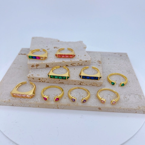 Vintage Verguld Koper Zirconia Open Ring Voor Dames Verstelbaar Rechthoekig Hart Gekleurde Zirconia Mode Ring