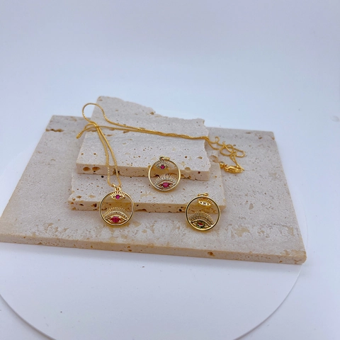 Gold Plated Copper Evil Eye Pendant Only Without Chain Rhinestone Inlaid Geometric Round Charm For Women Jewelry Making DIY
