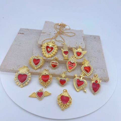 Vintage Gothic Copper Heart Wings Angel Pendant With Red Enamel Zircon For Women DIY Necklace Jewelry Gift Pendant Only