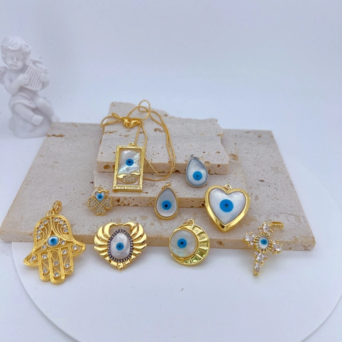 Colgante de Mal de Ojo de Cobre Chapado en Oro Con Incrustación de Strass y Concha Hamsa Corazón Cruz Accesorios de Joyería DIY