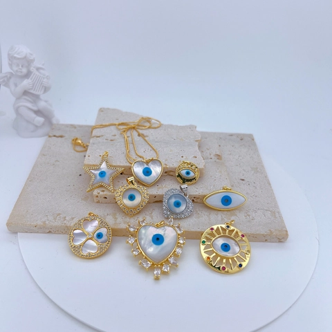 Copper Gold Plated Evil Eye Pendant Shell Inlaid Rhinestone Charm For DIY Jewelry Making Accessories Heart Round Star Pendants