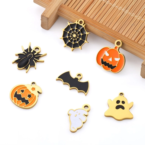 Halloween Edelstahl Anhänger Vergoldet Emaille Kürbis Spinne Fledermaus Geist DIY Schmuckherstellung Halskette Armband Zubehör