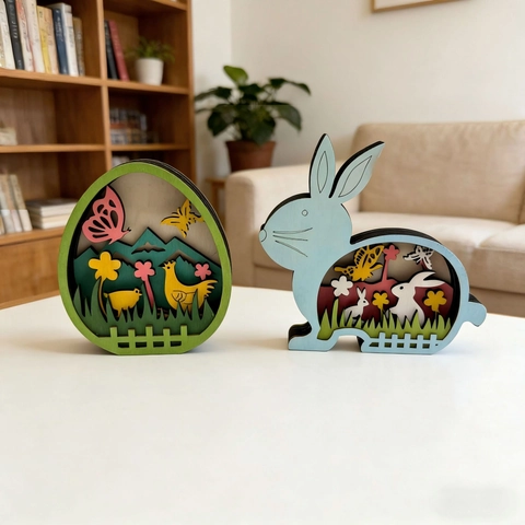 Pasen 3D Gelaagd Houten Konijn Ei Bureau Ornament Lasersnijden Buxushout Kleurrijke Lente Scene Voor Thuis Kantoor Decoratie