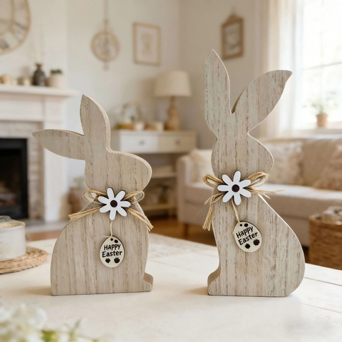Wooden Easter Bunny Desktop Ornament With Raffia Bow And Happy Easter Hanging Tag Natural Wood Texture Home Office Decor