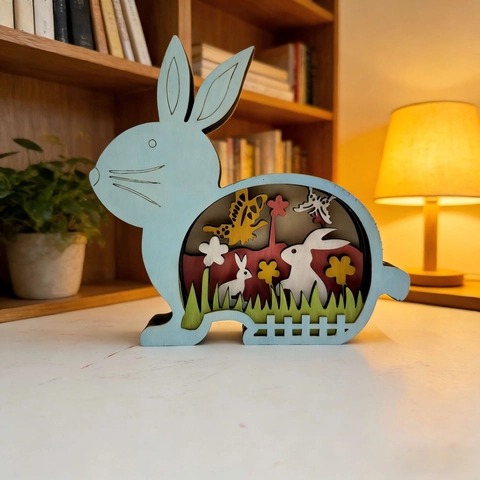 Pasen 3D Gelaagd Houten Konijn Ei Bureau Ornament Lasersnijden Buxushout Kleurrijke Lente Scene Voor Thuis Kantoor Decoratie