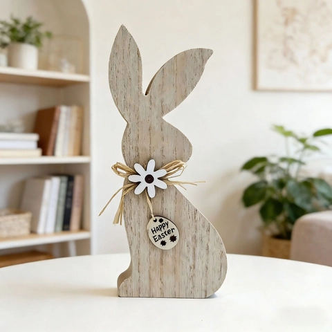 Wooden Easter Bunny Desktop Ornament With Raffia Bow And Happy Easter Hanging Tag Natural Wood Texture Home Office Decor