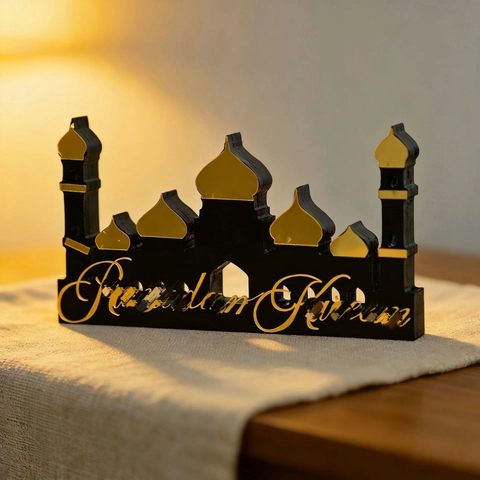 Ramadan Kareem Luna Mezquita Decoración de Escritorio Madera Acrílico Islámico Eid Mubarak Adorno de Mesa Negro Oro Hogar Decor