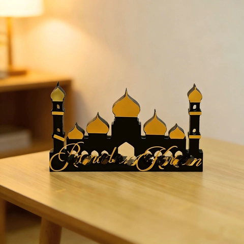 Ramadan Kareem Luna Mezquita Decoración de Escritorio Madera Acrílico Islámico Eid Mubarak Adorno de Mesa Negro Oro Hogar Decor