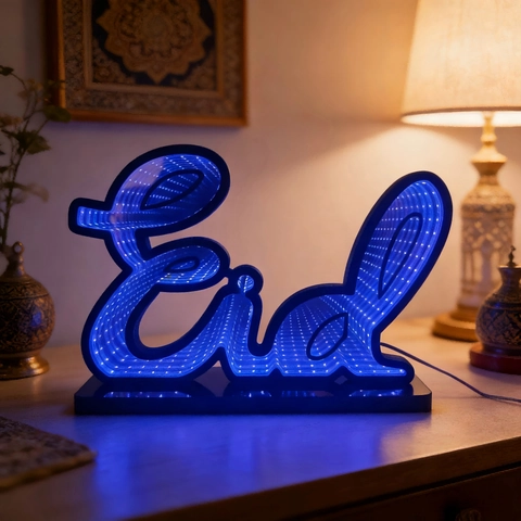 Luce Tunnel Specchio Infinito LED Eid Mubarak Blu Lampada Decorativa Festiva Ramadan in PVC Acrilico Alimentazione USB