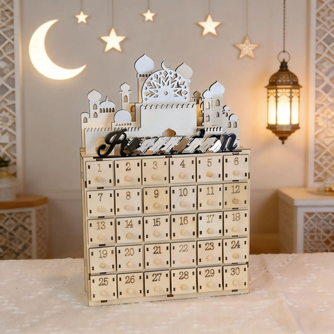 Calendario dell Avvento in Legno Ramadan Con Cassetti per il Conto alla Rovescia Luce LED Silhouette Moschea Ornamento Desktop Casa