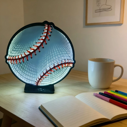 Lampada Specchio Infinito Baseball Creativa Luce al Neon LED Tema Sportivo Luce Notturna Atmosfera da Scrivania per Casa Festa Regalo