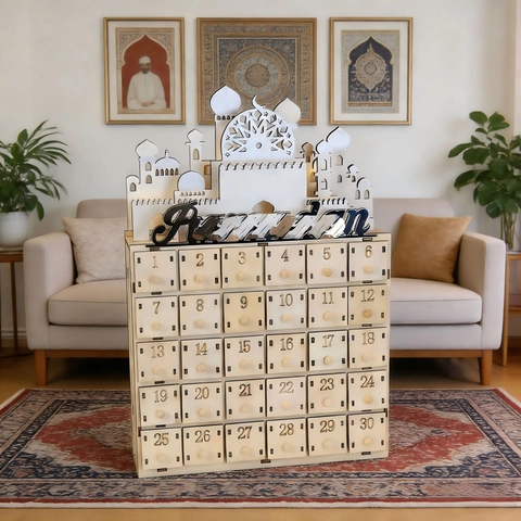 Calendario dell Avvento in Legno Ramadan Con Cassetti per il Conto alla Rovescia Luce LED Silhouette Moschea Ornamento Desktop Casa