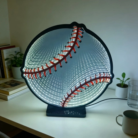 Lampada Specchio Infinito Baseball Creativa Luce al Neon LED Tema Sportivo Luce Notturna Atmosfera da Scrivania per Casa Festa Regalo