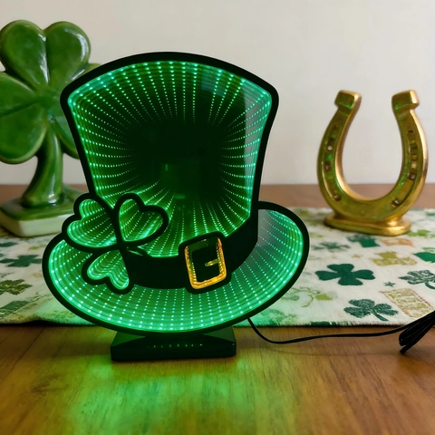 St Patrick's Day Hat Shamrock LED Infinity Mirror Light Neon Green Tunnel Lamp For Home Party Bar Festive Atmosphere Decor