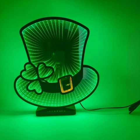 St Patrick's Day Hat Shamrock LED Infinity Mirror Light Neon Green Tunnel Lamp For Home Party Bar Festive Atmosphere Decor