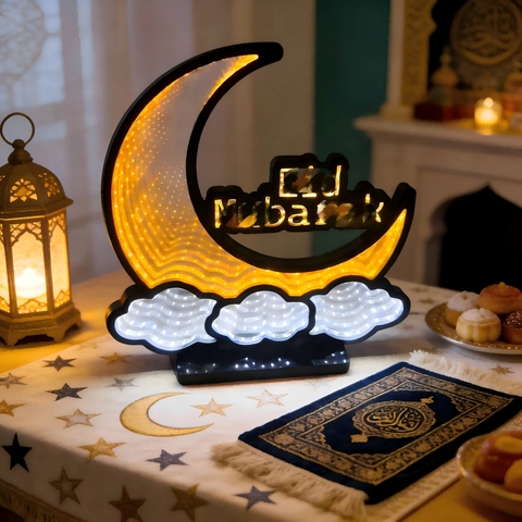 Eid Mubarak LED Infinity Tunnel Light Crescent Moon Cloud Mirror Lamp Ramadan Decor For Home Festival Atmosphere Tabletop Light