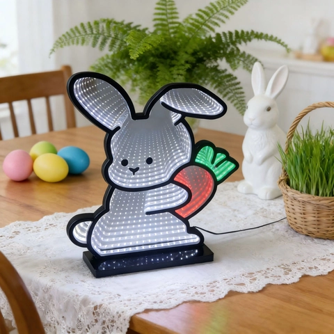 Easter Bunny Infinity Mirror LED Tunnel Lamp Acrylic Bunny Holding Carrot Atmosphere Table Light For Home Festival Decor