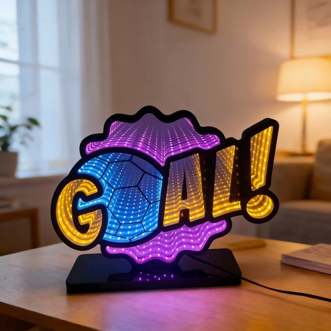 Insegna al Neon LED Specchio Infinito Football GOAL! Luce Atmosfera da Tavolo a Tema Calcio 3D per Appassionati di Sport Casa Camera