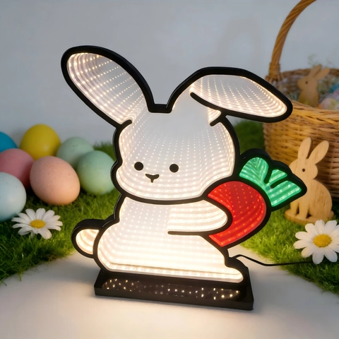 Easter Bunny Infinity Mirror LED Tunnel Lamp Acrylic Bunny Holding Carrot Atmosphere Table Light For Home Festival Decor