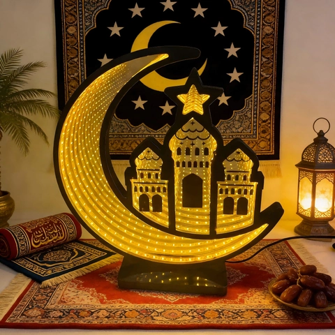Luce LED Specchio Infinito 3D Ramadan Luna Stella Moschea Bianco Caldo Alimentato Tramite USB Lampada Decorativa Islamica