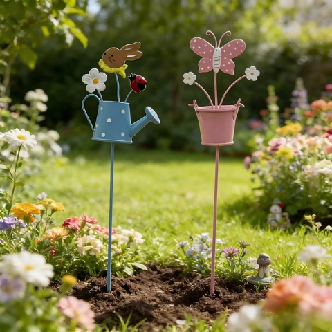 Pastoral Iron Garden Stakes Decorative Metal Flower Pot Stakes With Rabbit And Butterfly Designs Outdoor Yard Decor