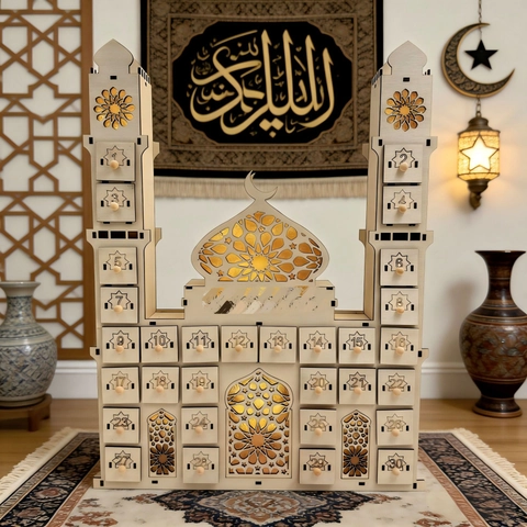 Hölzerner Ramadan Countdown Kalender Moschee Geformt LED 30 Schubladen Islamischer Adventskalender Home Deko Eid Mubarak Geschenk