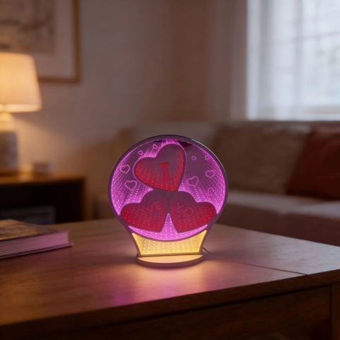 Lampada Notturna Creativa LED Specchio a Tunnel Infinito Forma di Cuore Scritta I Love You Romantica Atmosfera per San Valentino Casa