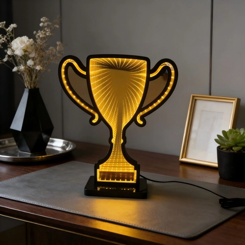 Lampada Creativa a Forma di Trofeo LED Specchio Infinito Acrilico PVC Alimentata Tramite USB 3D Atmosfera Visiva Lampada da Tavolo Arredamento