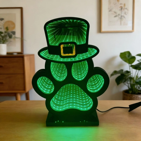 Luz de Espejo Infinito LED San Patricio Brillo Verde Sombrero Leprechaun Huella de Pata Lámpara de Escritorio USB Decoración