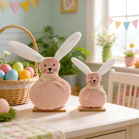 Ornamento Desktop Coniglio Di Pasqua In Peluche Con Base In Legno Naturale Carina Statuina Animale Per Decorazione Tavolo