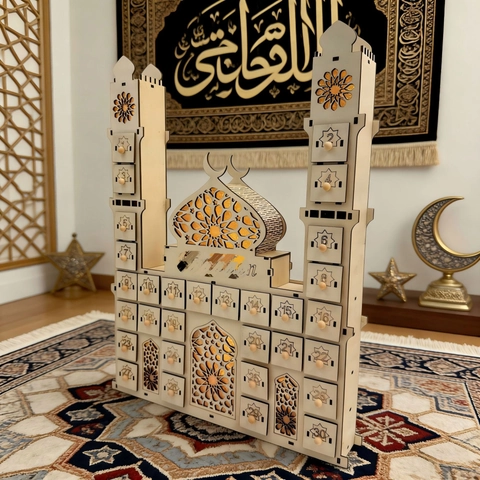 Hölzerner Ramadan Countdown Kalender Moschee Geformt LED 30 Schubladen Islamischer Adventskalender Home Deko Eid Mubarak Geschenk