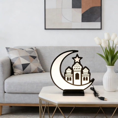 Luce LED Specchio Infinito 3D Ramadan Luna Stella Moschea Bianco Caldo Alimentato Tramite USB Lampada Decorativa Islamica