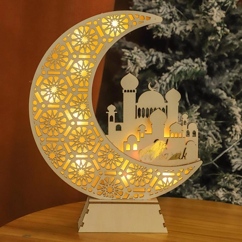 Eid Mubarak Décoration LED en Bois Lune Ornement Ramadan Islamique Silhouette de Mosquée Veilleuse en Bois pour Maison