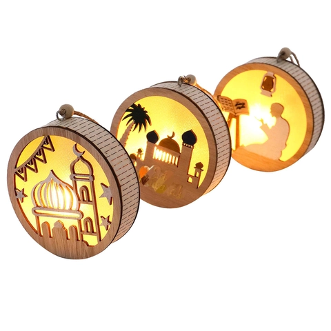 Luz Colgante LED Madera Eid Mubarak Hueco Mezquita Luna Estrella Luminoso Adorno Para Ramadán Hogar Fiesta Decoración
