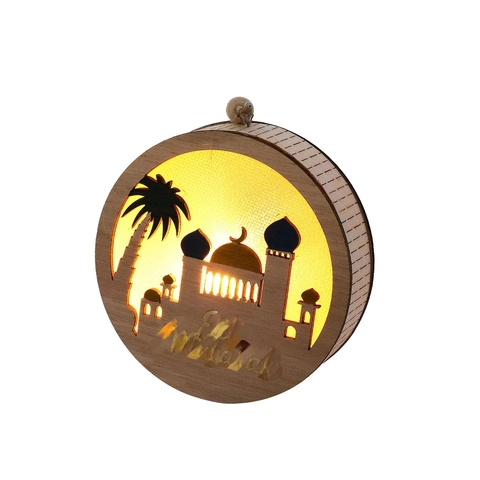 Luz Colgante LED Madera Eid Mubarak Hueco Mezquita Luna Estrella Luminoso Adorno Para Ramadán Hogar Fiesta Decoración