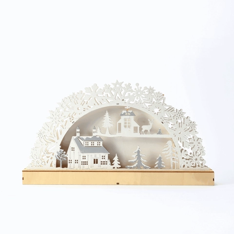 Weihnachten Holz LED Licht Bogen Ornament Lasergeschnitten Schneeflocke Szene Rentier Haus Tischdeko Nordische Atmosphäre Lampe