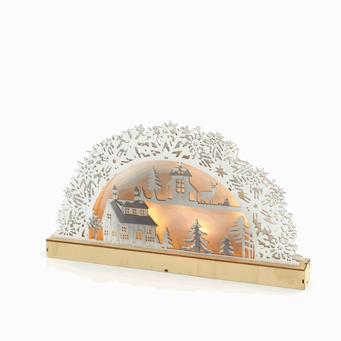 Weihnachten Holz LED Licht Bogen Ornament Lasergeschnitten Schneeflocke Szene Rentier Haus Tischdeko Nordische Atmosphäre Lampe