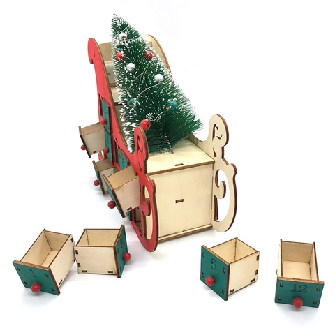 Calendrier De L'Avent De Noël En Bois Forme De Traîneau Avec Lumière LED Mini Arbre De Noël Décoration De Table Maison Ornement