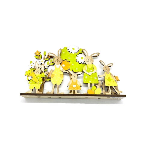 Pâques Bois Famille de Lapins Ornement de Table Lapin de Printemps Clôture Jardin Fleur Arbre Décoration Maison Bureau