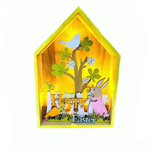 Adorno LED de Madera para Casa de Pascua Luz Cálida Talla de Madera Hueca Conejo Huevo Figurita para Decoración del Hogar